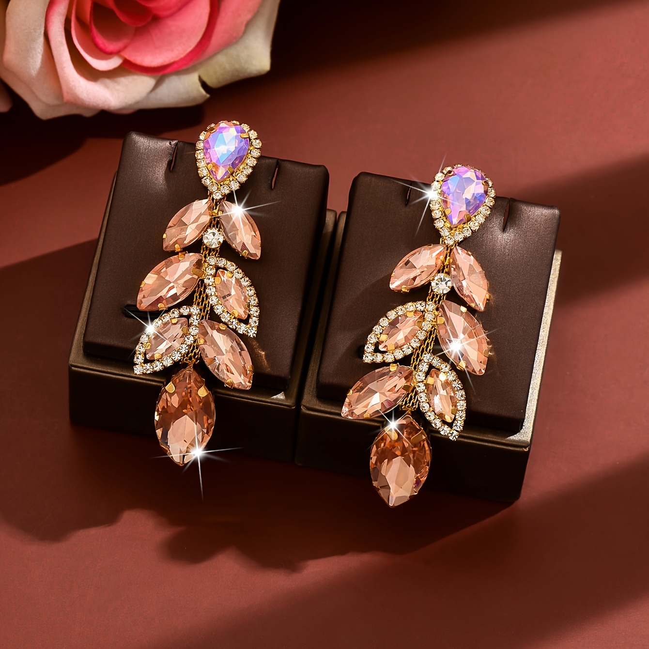 Gorgeous Leaf Drop Earrings with Shiny Marquise Rhinestones